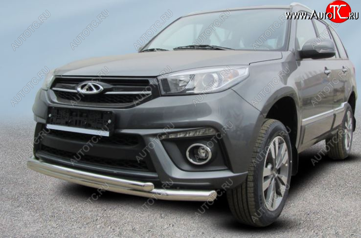 13 899 р. Защита переднего бампера Slitkoff (Ø 57 и 42 мм). Chery Tiggo 3 (2014-2020) (Полированная нержавеющая сталь)  с доставкой в г. Пермь