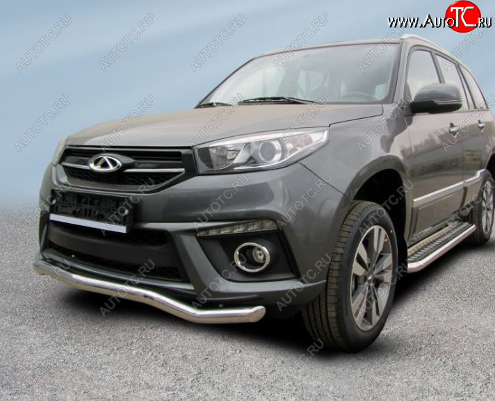 8 949 р. Защита переднего бампера Slitkoff (Ø 57 мм, волна). Chery Tiggo 3 (2014-2020) (Сталь окрашенная в цвет: серебристый)  с доставкой в г. Пермь