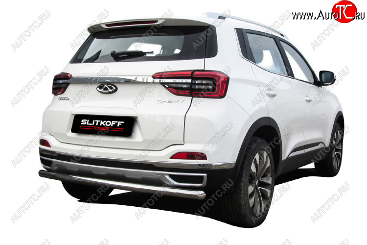 8 449 р. Защита заднего бампера Slitkoff (Ø 57 мм)  Chery Tiggo 4 (2018-2023) 1-ый рестайлинг (Полированная нержавейка)  с доставкой в г. Пермь