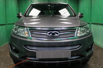 Защитная сетка радиатора в бампер Стрелка 11 Стандарт (алюминий, пластик) Chery Tiggo 5  (T21) (2014-2017) дорестайлинг (Цвет: хром)