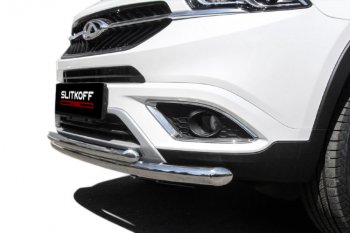 12 299 р. Защита переднего бампера Slitkoff (Ø 57+Ø 42).  Chery Tiggo 7 (2016-2020) (Полированная нержавейка)  с доставкой в г. Пермь. Увеличить фотографию 2