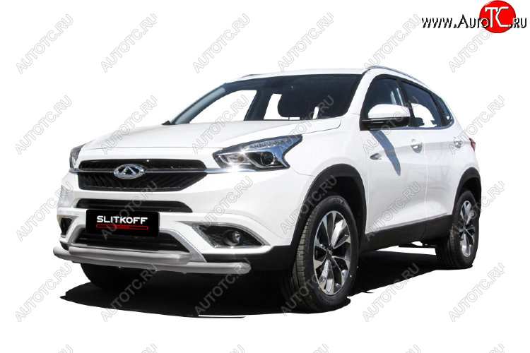 8 599 р. Защита переднего бампера  Slitkoff (Ø 57+Ø 42).  Chery Tiggo 7 (2016-2020) (Цвет: серебристый)  с доставкой в г. Пермь