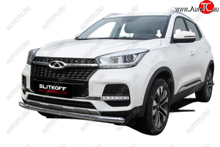 10 849 р. Защита переднего бампера Slitkoff (Ø 57 мм)  Chery Tiggo 4 (2018-2023) 1-ый рестайлинг (Полированная нержавейка)  с доставкой в г. Пермь