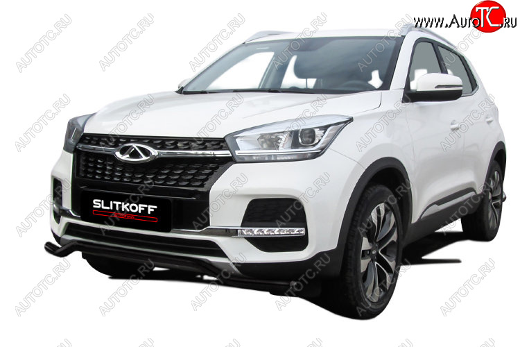7 999 р. Защита переднего бампера Slitkoff (Ø 42 мм, волна) Chery Tiggo 4 1-ый рестайлинг (2018-2023) (Цвет: черный)  с доставкой в г. Пермь