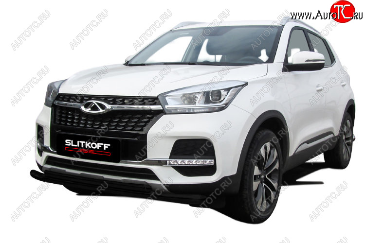 8 599 р. Защита переднего бампера Slitkoff (Ø 57+Ø 42) Chery Tiggo 4 1-ый рестайлинг (2018-2023) (Цвет: черный)  с доставкой в г. Пермь
