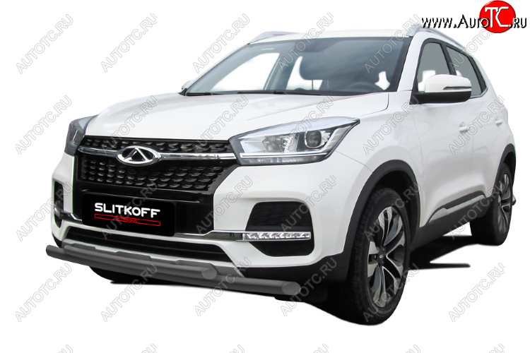8 599 р. Защита переднего бампера Slitkoff (Ø 57+Ø 42)  Chery Tiggo 4 (2018-2023) 1-ый рестайлинг (Цвет: серебристый)  с доставкой в г. Пермь