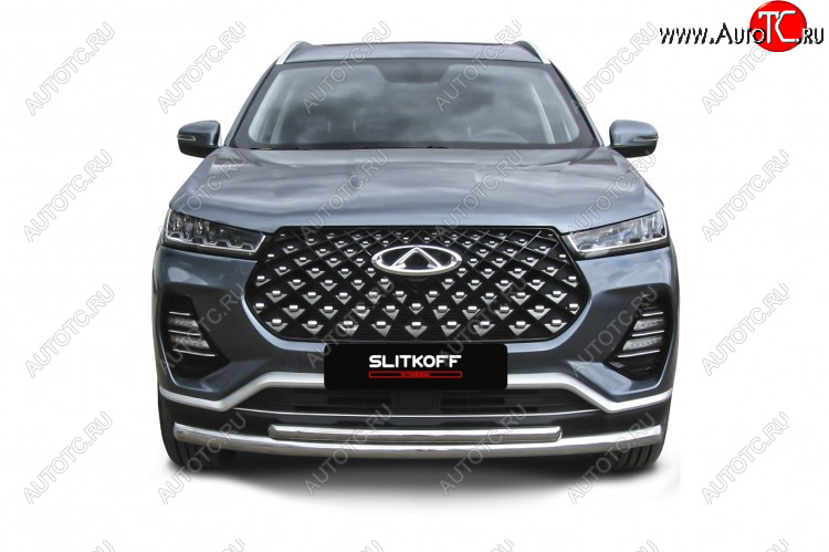 13 899 р. Защита переднего бампера Slitkoff (Ø 57+Ø 42 мм).  Chery Tiggo 7 PRO - Tiggo 7 Pro Max  T1E (Нержавеющая сталь)  с доставкой в г. Пермь