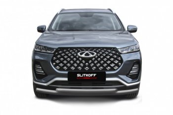 Защита переднего бампера Slitkoff (Ø 57+Ø 42 мм). Chery Tiggo 7 PRO - Tiggo 7 Pro Max  T1E (Цвет: серебристый)
