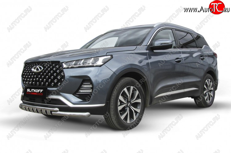 17 299 р. Защита переднего бампера Slitkoff (Ø 57+Ø 42 мм).  Chery Tiggo 7 PRO - Tiggo 7 Pro Max  T1E (Нержавеющая сталь)  с доставкой в г. Пермь