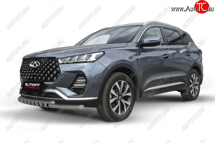 11 999 р. Защита переднего бампера Slitkoff (Ø 57+Ø 42 мм).  Chery Tiggo 7 PRO - Tiggo 7 Pro Max  T1E (Цвет: серебристый)  с доставкой в г. Пермь