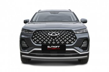 Защита переднего бампера Slitkoff (Ø 57 мм). Chery Tiggo 7 PRO - Tiggo 7 Pro Max  T1E (Цвет: серебристый)