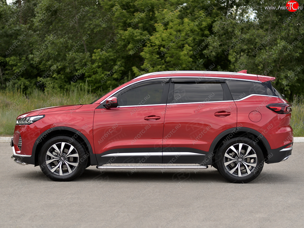 22 999 р. Порожки для ног SLITKOFF (Ø42 мм, с алюминиевым листом)  Chery Tiggo 7 PRO (2019-2025) (Профиль - нержавейка, лист - алюминий)  с доставкой в г. Пермь