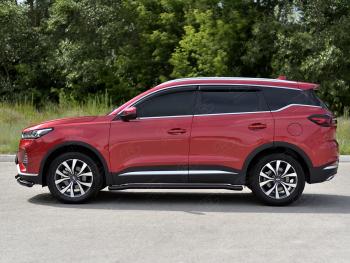 10 599 р. Защита порогов (Ø63 мм, с полимерным покрытием) SLITKOFF  Chery Tiggo 7 PRO (2019-2025) (круглые торцы, черный)  с доставкой в г. Пермь. Увеличить фотографию 3