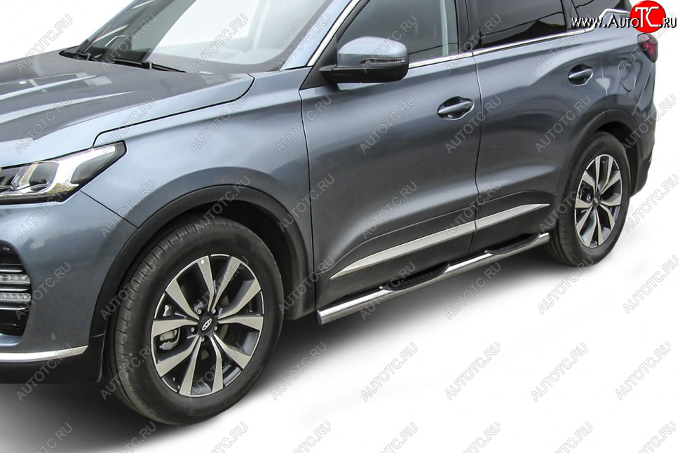 17 899 р. Защита порогов Slitkoff (Ø 76 мм, с проступями)  Chery Tiggo 7 PRO (2019-2025) (Нержавеющая сталь)  с доставкой в г. Пермь
