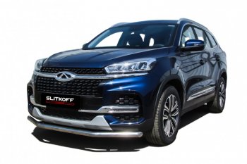Защита переднего бампера Slitkoff (Ø 57 мм) Chery Tiggo 8  (T18) (2019-2025) рестайлинг (Полированная нержавейка)