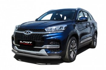 Защита переднего бампера Slitkoff (Ø 57 мм) Chery Tiggo 8  (T18) (2019-2025) рестайлинг (Цвет: серебристый)