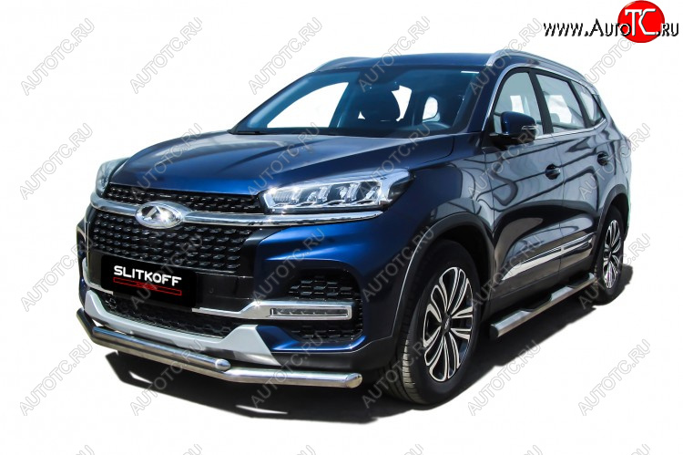 13 899 р. Защита переднего бампера Slitkoff (Ø 57+Ø 42).  Chery Tiggo 8  1 T18 (2019-2023) рестайлинг (Полированная нержавейка)  с доставкой в г. Пермь