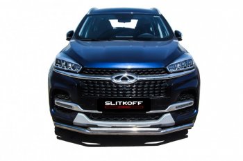 13 899 р. Защита переднего бампера Slitkoff (Ø 57+Ø 42).  Chery Tiggo 8  1 T18 (2019-2023) рестайлинг (Полированная нержавейка)  с доставкой в г. Пермь. Увеличить фотографию 2