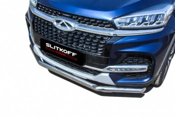 13 899 р. Защита переднего бампера Slitkoff (Ø 57+Ø 42).  Chery Tiggo 8  1 T18 (2019-2023) рестайлинг (Полированная нержавейка)  с доставкой в г. Пермь. Увеличить фотографию 3