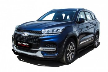 Защита переднего бампера Slitkoff (Ø 57+Ø 42). Chery Tiggo 8  (T18) (2019-2025) рестайлинг (Цвет: черный)