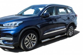 17 699 р. Защита порогов Slitkoff (Ø 76 мм, с проступями)  Chery Tiggo 8  (T18) (2018-2025) дорестайлинг, рестайлинг (Полированная нержавейка)  с доставкой в г. Пермь. Увеличить фотографию 4