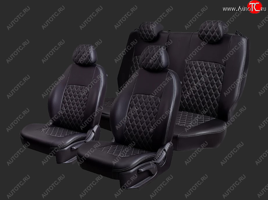 5 799 р. Чехлы для сидений Lord Autofashion Турин Ромб (экокожа, спинка 60/40, 2 Г-образных подголовника) Chevrolet Cobalt седан дорестайлинг (2011-2016) (Черный, вставка черная, строчка серая)  с доставкой в г. Пермь