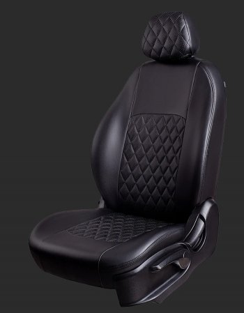 Чехлы для сидений Lord Autofashion Турин Ромб (экокожа, спинка 60/40, 2 Г-образных подголовника) Chevrolet Cobalt седан дорестайлинг (2011-2016) (Черный, вставка черная, строчка черная)