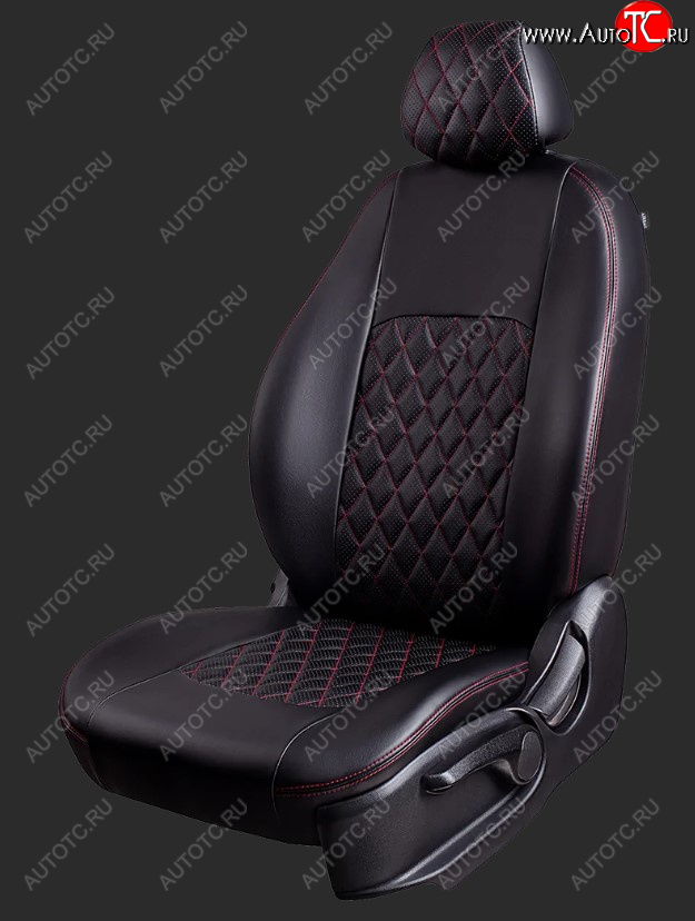 9 449 р. Чехлы для сидений Lord Autofashion Турин Ромб (экокожа, спинка 60/40, 2 Г-образных подголовника) Chevrolet Cobalt седан дорестайлинг (2011-2016) (Черный, вставка черная, строчка красная)  с доставкой в г. Пермь