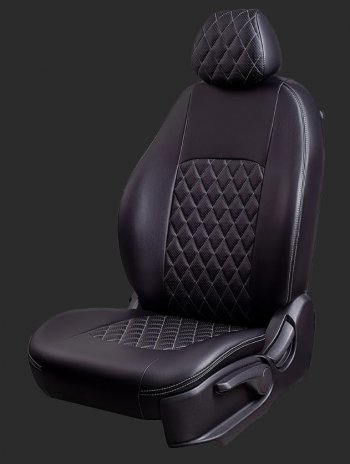 Чехлы для сидений Lord Autofashion Турин Ромб (экокожа, сплошная спинка, 2 Г-образных подголовника) Daewoo Nexia рестайлинг (2008-2015) (Черный, вставка черная, строчка серая)