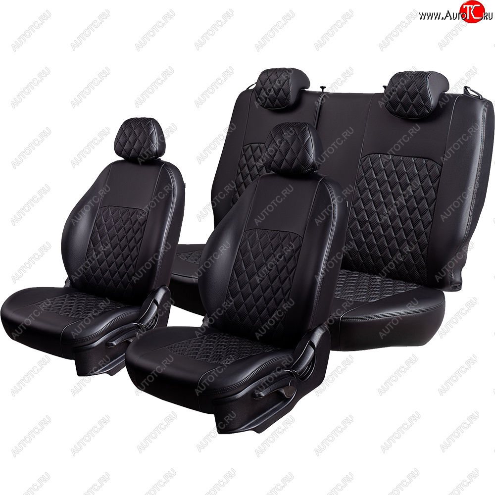 9 449 р. Чехлы для сидений Lord Autofashion Турин Ромб (экокожа, спинка и сиденье 60/40, 3 Г-образных подголовника)  Datsun on-DO (2019-2021) седан рестайлинг (Черный, вставка черная, строчка черная)  с доставкой в г. Пермь