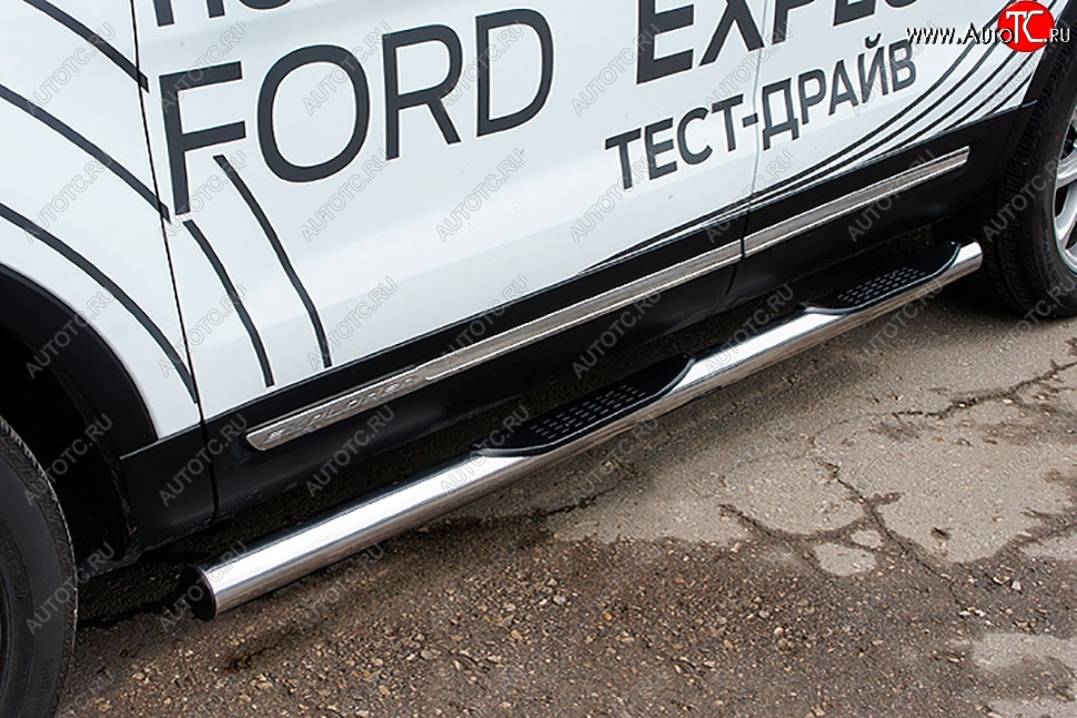 23 999 р. Защита порогов Slitkoff (d76, с проступями)  Ford Explorer  U502 (2015-2018) 1-ый рестайлинг, 5 дв. (Нержавейка, Полированная)  с доставкой в г. Пермь