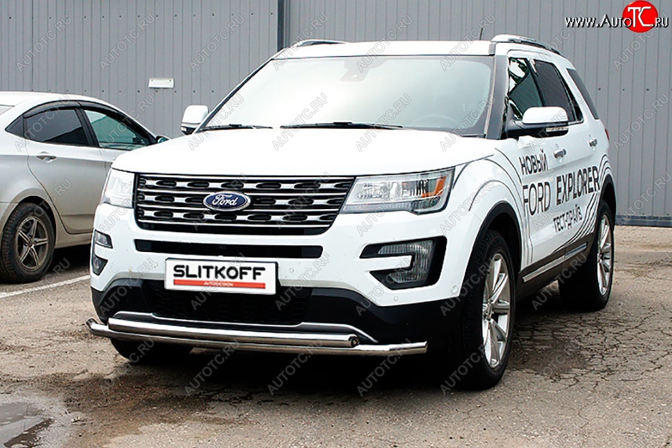 16 899 р. Защита переднего бампера Slitkoff (двойная, d57/57 мм)  Ford Explorer  U502 (2015-2018) 1-ый рестайлинг, 5 дв. (Нержавейка, Полированная)  с доставкой в г. Пермь