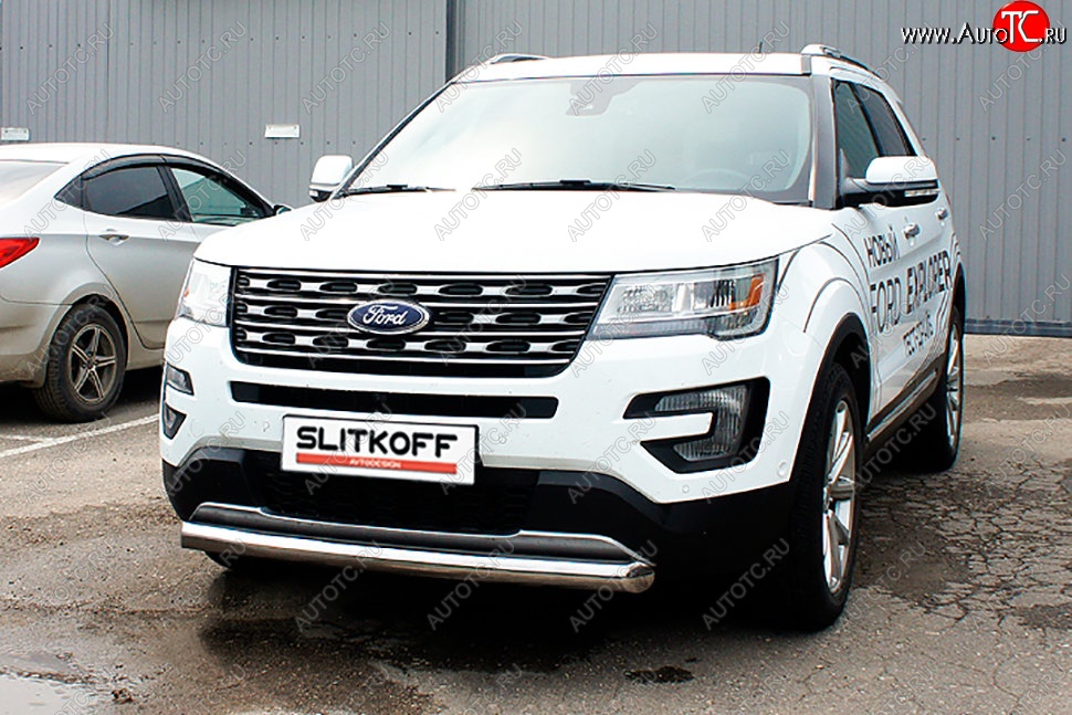 16 749 р. Защита переднего бампера Slitkoff (d76 мм)  Ford Explorer  U502 (2015-2018) 1-ый рестайлинг, 5 дв. (Нержавейка, Полированная)  с доставкой в г. Пермь