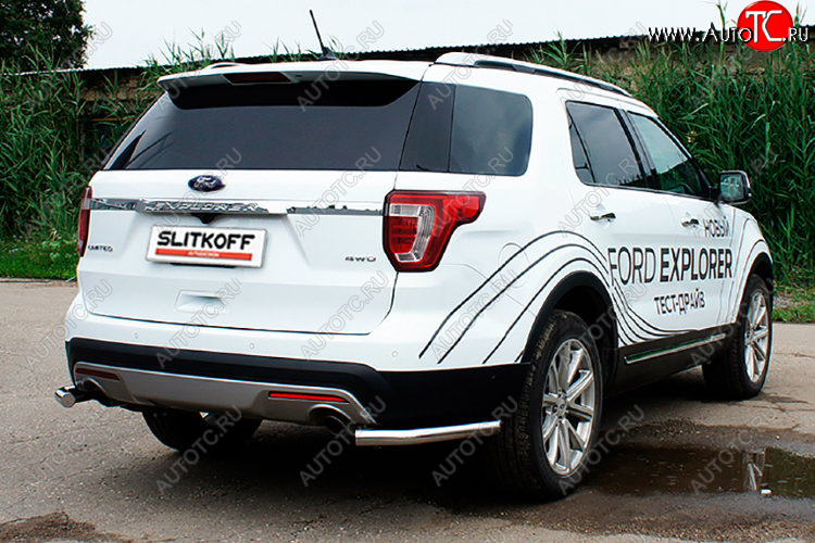 10 999 р. Защита заднего бампера Slitkoff (Ø 57 мм, уголки)  Ford Explorer  U502 (2015-2018) 1-ый рестайлинг, 5 дв. (Полированная нержавейка)  с доставкой в г. Пермь