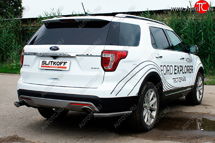 7 749 р. Защита заднего бампера Slitkoff (Ø 57 мм, уголки)  Ford Explorer  U502 (2015-2018) 1-ый рестайлинг, 5 дв. (Цвет: черный)  с доставкой в г. Пермь