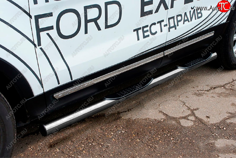 16 949 р. Защита порогов Slitkoff (Ø 76 мм, с проступями)  Ford Explorer  U502 (2015-2018) 1-ый рестайлинг, 5 дв. (Цвет: серебристый)  с доставкой в г. Пермь