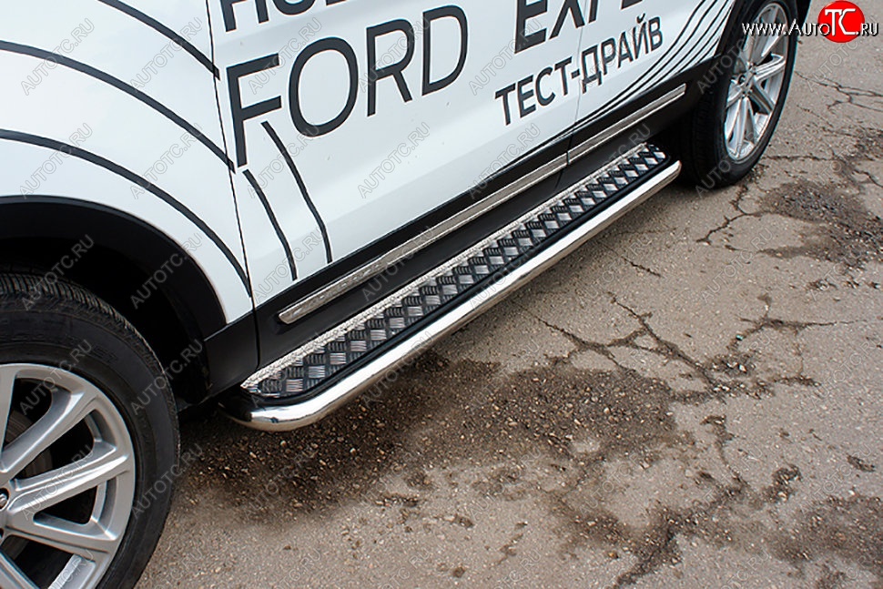 22 899 р. Защита порогов Slitkoff (d57, с листом)  Ford Explorer  U502 (2017-2019) 2-ой рестайлинг, 5 дв. (Нержавейка)  с доставкой в г. Пермь