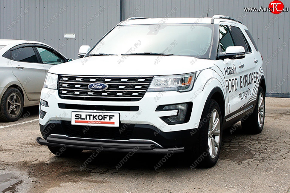 11 849 р. Защита переднего бампера Slitkoff (двойная, d57/57 мм)  Ford Explorer  U502 (2017-2019) 2-ой рестайлинг, 5 дв. (Сталь с полимерным покрытием. Цвет: чёрный)  с доставкой в г. Пермь