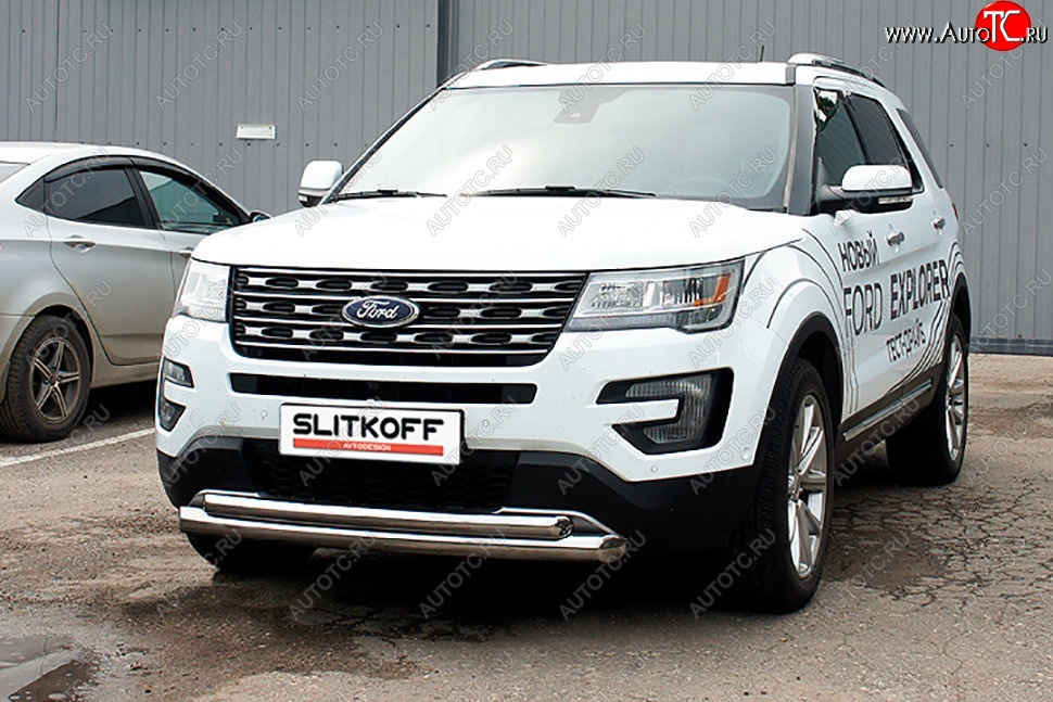 19 449 р. Защита переднего бампера Slitkoff (двойная, d76/57 мм)  Ford Explorer  U502 (2017-2019) 2-ой рестайлинг, 5 дв. (Нержавейка, Полированная)  с доставкой в г. Пермь