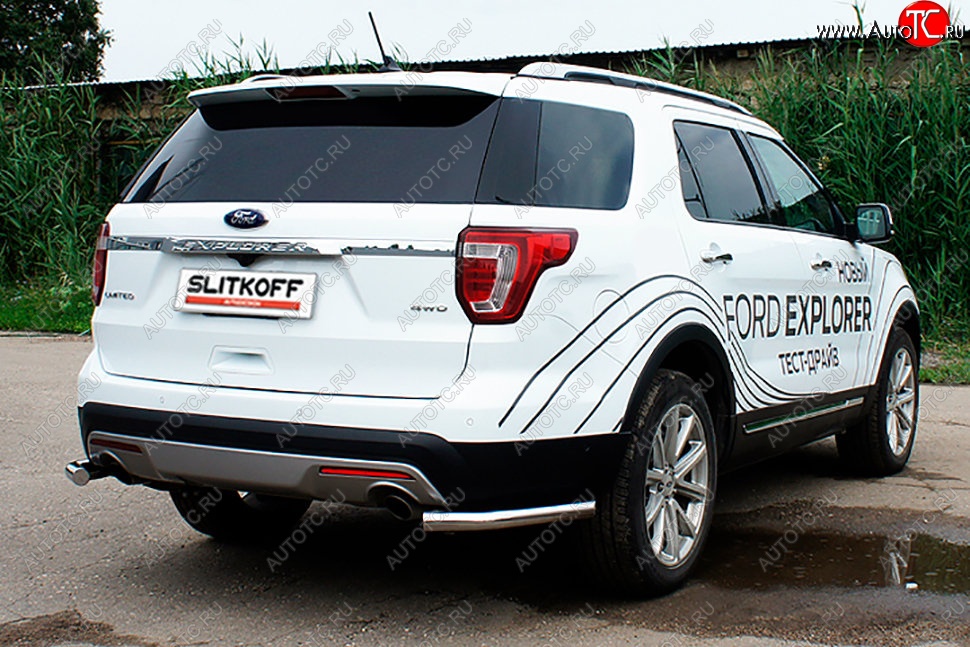 10 999 р. Защита заднего бампера Slitkoff (d57 мм, уголки)  Ford Explorer  U502 (2017-2019) 2-ой рестайлинг, 5 дв. (Нержавейка, Полированная)  с доставкой в г. Пермь
