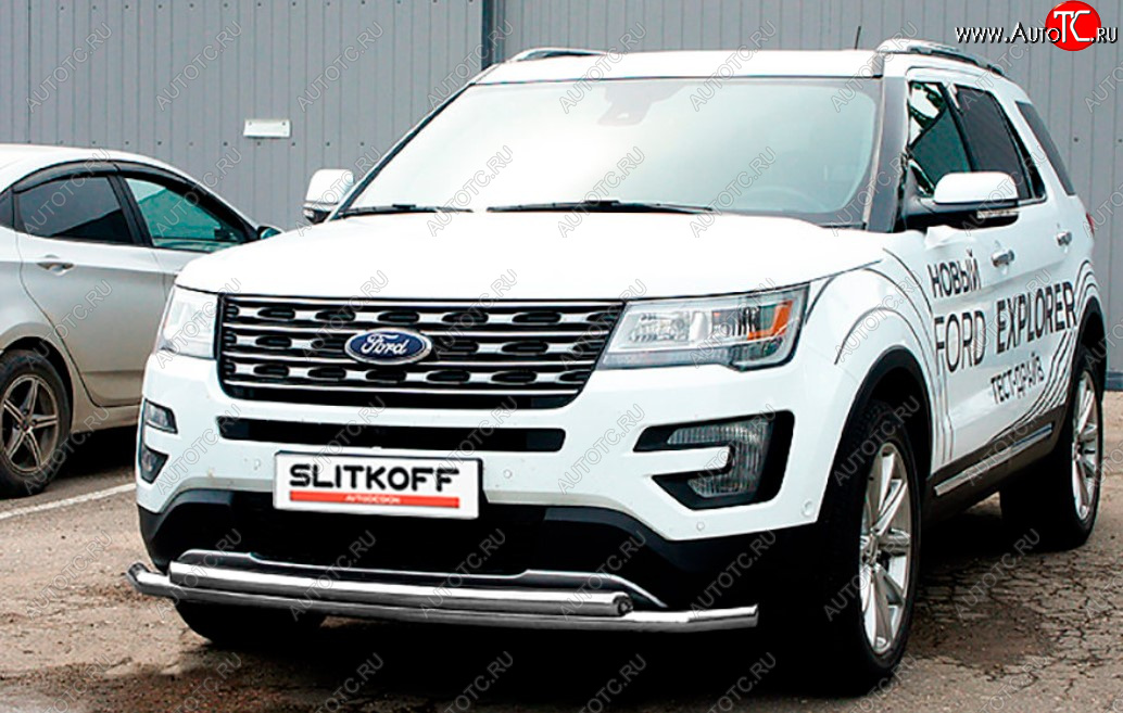 11 849 р. Защита переднего бампера Slitkoff (Ø 57+Ø 57, двойная).  Ford Explorer  U502 (2017-2019) 2-ой рестайлинг, 5 дв. (Сталь с полимерным покрытием. Цвет: серебристый)  с доставкой в г. Пермь