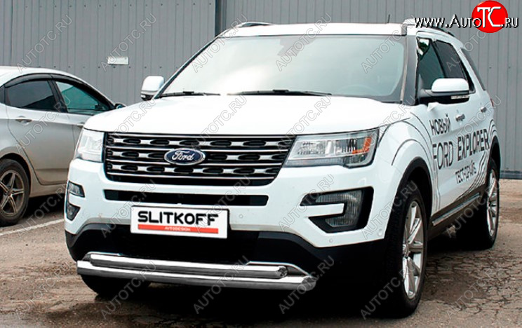 13 599 р. Защита переднего бампера Slitkoff (Ø 76+Ø 57, двойная).  Ford Explorer  U502 (2017-2019) 2-ой рестайлинг, 5 дв. (Сталь с полимерным покрытием. Цвет: серебристый)  с доставкой в г. Пермь