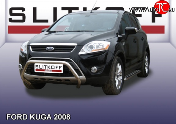 22 649 р. Усиленная низкая защита переднего бампера Slitkoff Ford Kuga 1 (2008-2013) (Нержавейка, Полированная)  с доставкой в г. Пермь