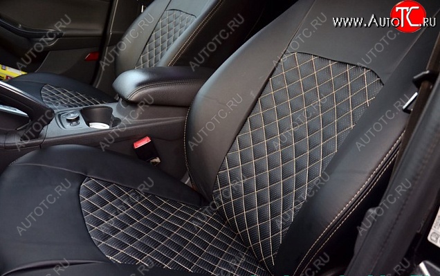 9 449 р. Чехлы для сидений Lord Autofashion Турин Ромб (экокожа, сиденье и спинка 60/40+подлокотник, 3 Г-образных подголовника) Ford Mondeo Mk4,BD дорестайлинг, седан (2007-2010) (Чёрный, вставка чёрная, строчка бежевая)  с доставкой в г. Пермь