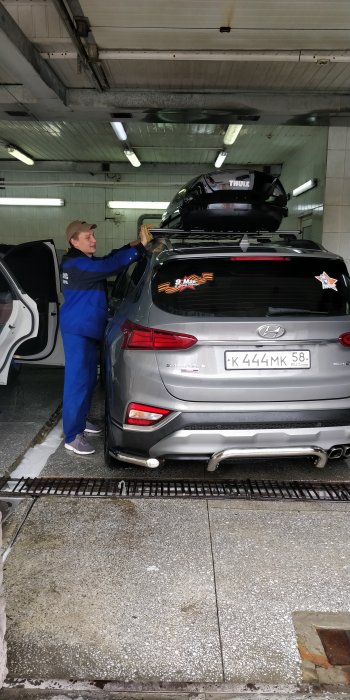 11 449 р. Защита заднего бампера Slitkoff (скоба, d57 мм)  Hyundai Santa Fe  TM (2018-2021) дорестайлинг (Нержавейка, Полированная)  с доставкой в г. Пермь. Увеличить фотографию 2