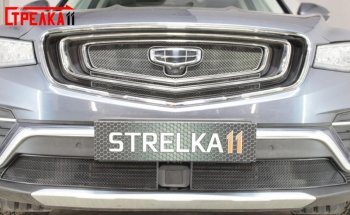 Защитная сетка в решетку радиатора (ячейка 3х7 мм. 3 части) Стрелка11 Стандарт Geely Atlas Pro  NL3 (2019-2025) (черная)