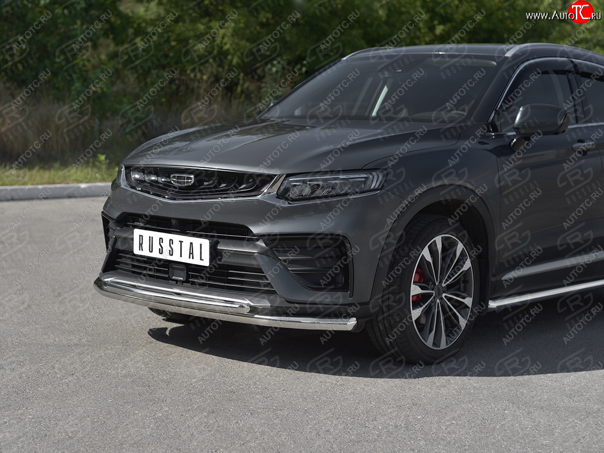 18 449 р. Защита переднего бампера (Ø57/Ø42 мм) SLITKOFF  Geely Tugella  FY11,HPBA4 (2019-2025) дорестайлинг, рестайлинг (нержавейка полированная)  с доставкой в г. Пермь