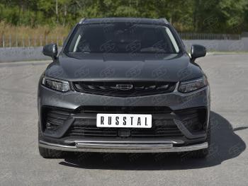 18 449 р. Защита переднего бампера (Ø57/Ø42 мм) SLITKOFF  Geely Tugella  FY11,HPBA4 (2019-2025) дорестайлинг, рестайлинг (нержавейка полированная)  с доставкой в г. Пермь. Увеличить фотографию 2