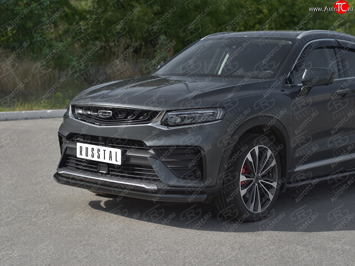 9 399 р. Защита переднего бампера (Ø57 мм) SLITKOFF Geely Tugella FY11,HPBA4 дорестайлинг (2019-2023) (нержавейка с полимерным покрытием, черный)  с доставкой в г. Пермь