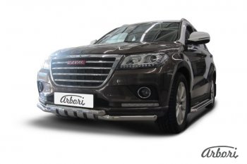27 999 р. Защита переднего бампера Arbori (с декоративными элементами, нержавейка, 2 трубы d57 и 57 mm) Haval H2 (2014-2021)  с доставкой в г. Пермь. Увеличить фотографию 2